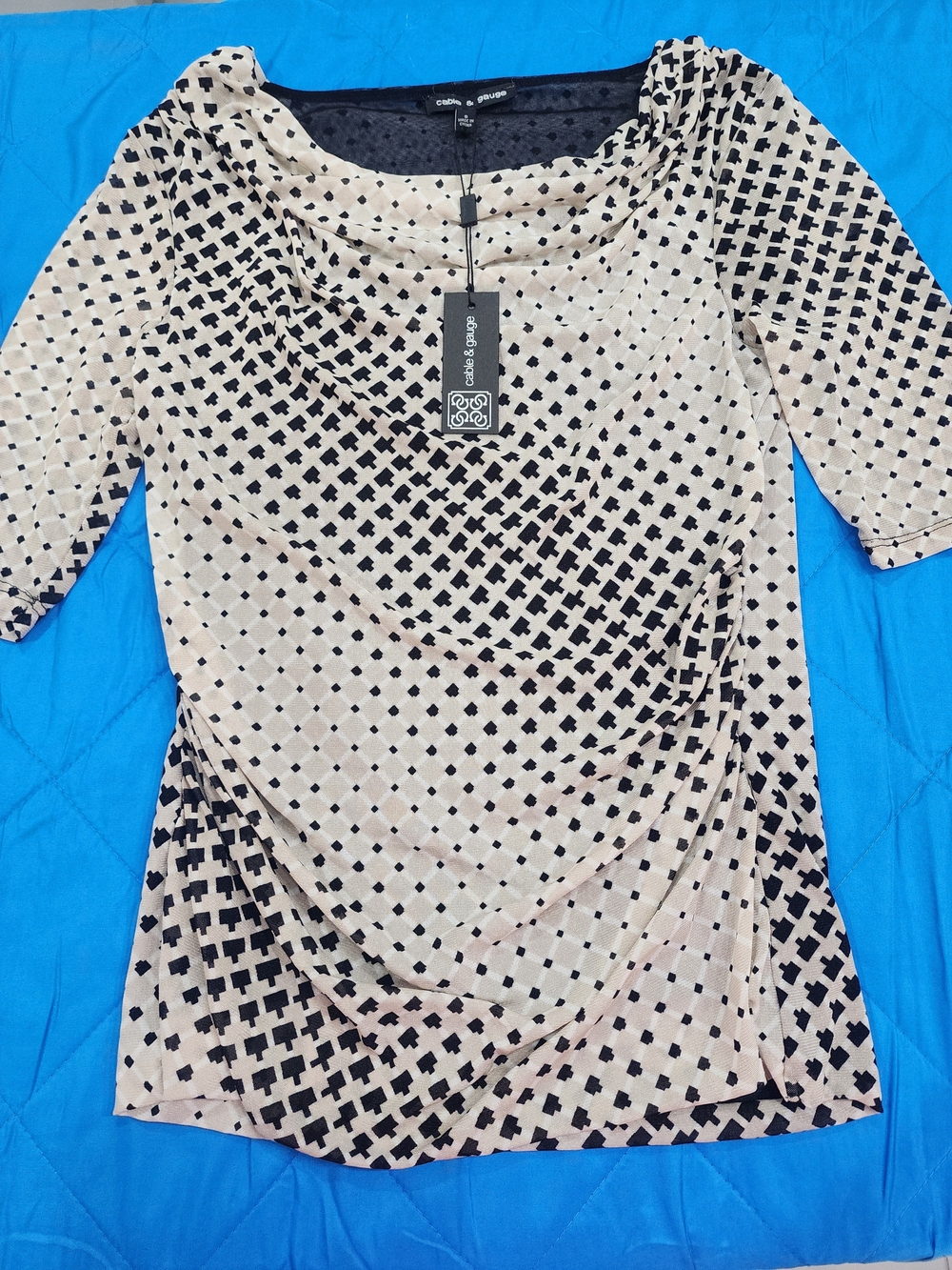 Cable & Gauge Beige and Black Geometric Drape Neck Top